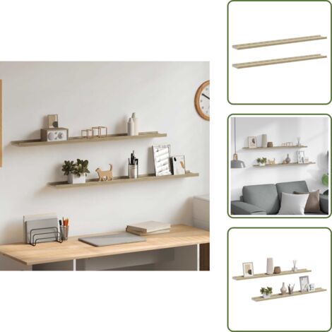 The Living Store Mensole da Parete 2 pz Bianco e Rovere Sonoma 100x9x3 cm - Scaffale a muro