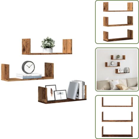 The Living Store Mensole da Parete 3pz Legno Antico 58x18x18 cm in Truciolato - Scaffali a muro