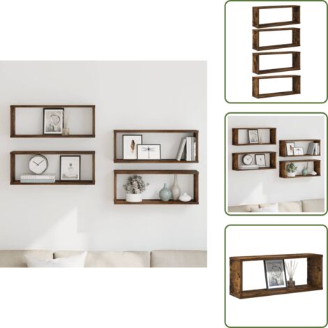 The Living Store Mensole Muro Cubo 4pz Rovere Fumo 80x15x26,5 cm in Multistrato - Mensole a cubo