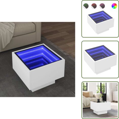 The Living Store Mesa auxiliar con luz LED madera ingeniería blanco 40x40x30 cm - Mesa de centro con espejo