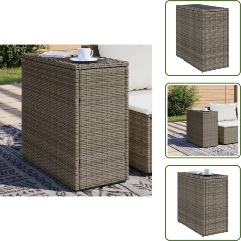 The Living Store Mesa auxiliar jardín tapa vidrio ratán PE gris 58x27,5x55 cm - Mesa de jardín
