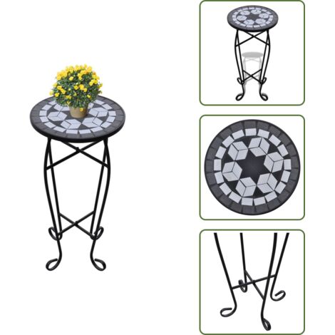 The Living Store Mesa auxiliar para plantas mosaico negro y blanco - Mesa de mosaico