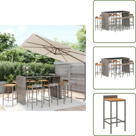 The Living Store Mesa bar y taburetes jardín 9 pzas madera acacia ratán PE gris - Taburete de bar