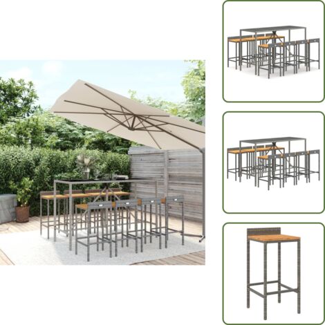 The Living Store Mesa bar y taburetes jardín 9 pzas madera acacia ratán PE gris - Taburete de bar