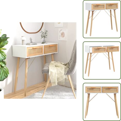 The Living Store Mesa consola madera pino maciza blanco ratán natural 80x30x75cm - Mesa de recibidor