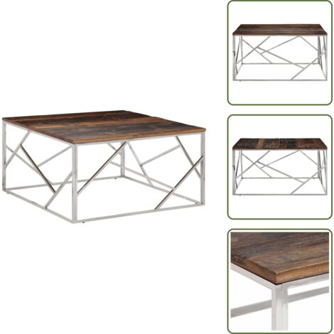 The Living Store Mesa de centro acero inoxidable madera maciza traviesa plateado - Mesa de salón