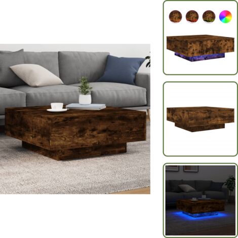 The Living Store Mesa de centro con luces LED roble ahumado 80x80x31 cm - Luces LED