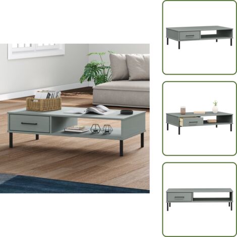 The Living Store Mesa de centro con patas de metal OSLO madera maciza pino gris - Madera maciza
