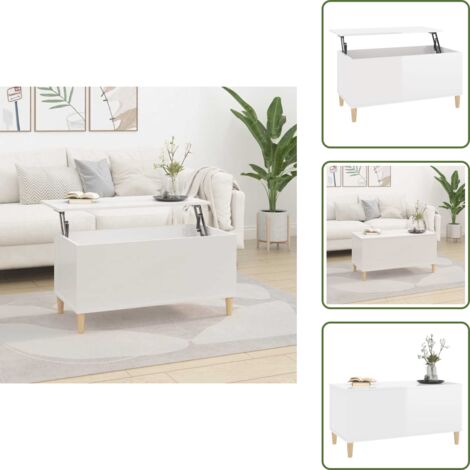 The Living Store Mesa de centro madera contrachapada blanco brillo 90x44,5x45 cm - Madera contrachapada