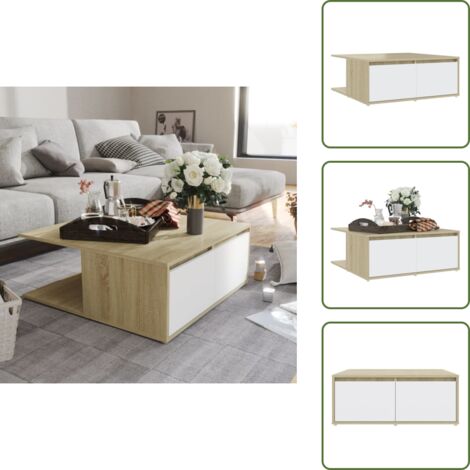 The Living Store Mesa de centro madera contrachapada blanco y roble 80x80x31 cm - Mesa de centro de madera