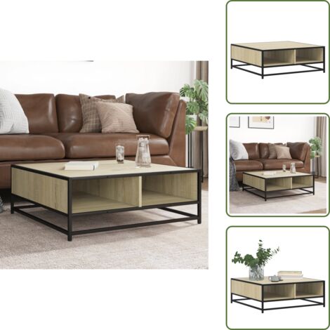 The Living Store Mesa de centro madera ingeniería metal roble Sonoma 80x80x30 cm - Mesa de centro de madera