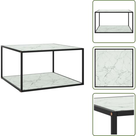 The Living Store Mesa de centro negra con vidrio de mármol blanco 40x40x50 cm - Mesa de salón