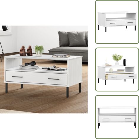 The Living Store Mesa de centro patas metal OSLO madera maciza blanco 85x50x45cm - Mesa de salón