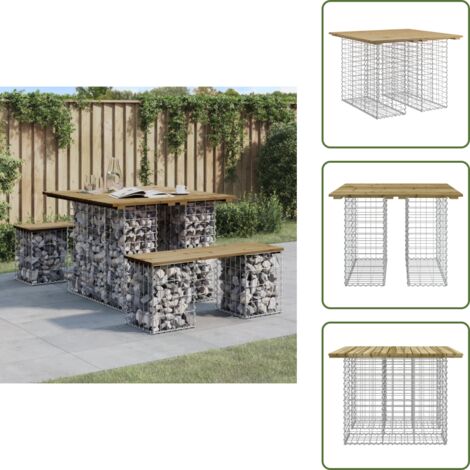The Living Store Mesa de jardín con diseño de gaviones, 100 x 102 x 72 cm, madera de pino impregnada - Mesa de exterior