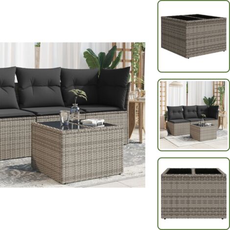 The Living Store Mesa de jardín superficie de cristal ratán PE gris 55x55x37 cm - Ratán sintético