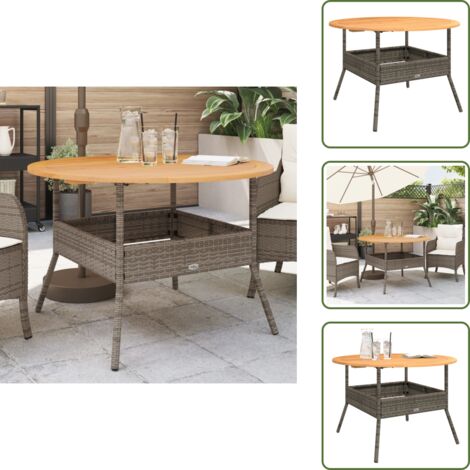 The Living Store Mesa de jardín superficie de madera ratán PE gris Ø110x71 cm - Ratán sintético