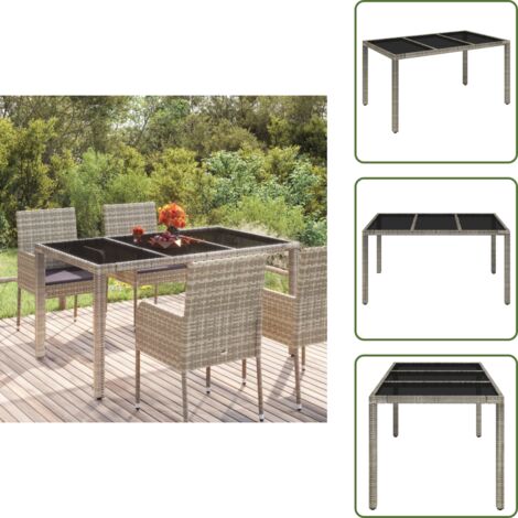 The Living Store Mesa de jardín superficie de vidrio ratán PE gris 150x90x75 cm - Mesa de exterior