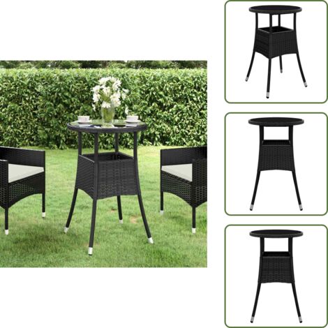 The Living Store Mesa de jardín vidrio templado ratán sintético negro Ø60x75 cm - Ratán sintético