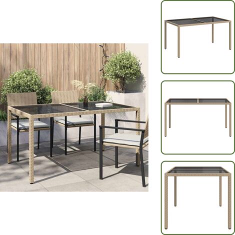 The Living Store Mesa jardín vidrio templado ratán sintético 150x90x75 cm beige - Ratán sintético