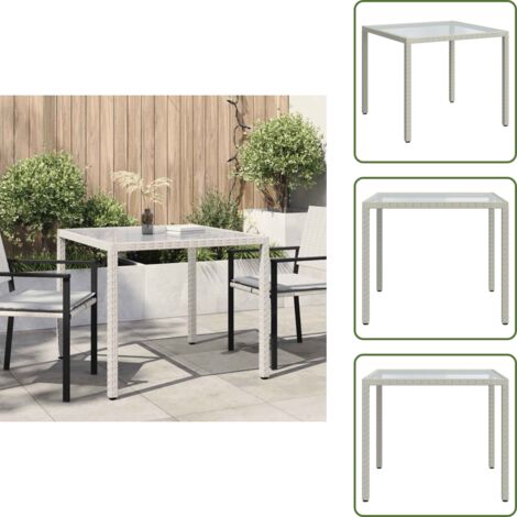 The Living Store Mesa jardín vidrio templado ratán sintético 90x90x75 cm blanco - Ratán sintético