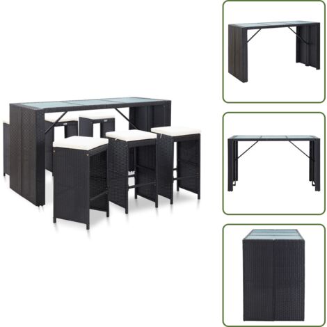 The Living Store Mesa y sillas bar jardín 7 pzas y cojines ratán sintético negro - Sillas de bar