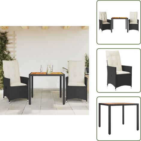 The Living Store Mesa y sillas con cojines 3 pzas ratán sintético y acacia negro - Sillas reclinables