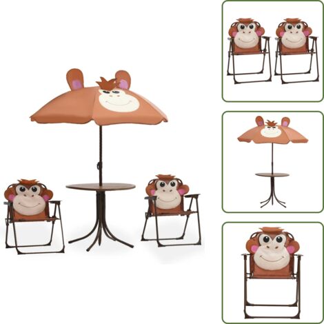 The Living Store Mesa y sillas de jardín infantil 3 piezas con sombrilla marrón - Muebles de jardín para niños