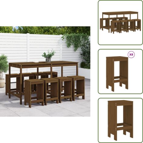 The Living Store Mesa y taburetes altos de jardín 9 pzas madera pino marrón miel - Taburetes de jardín