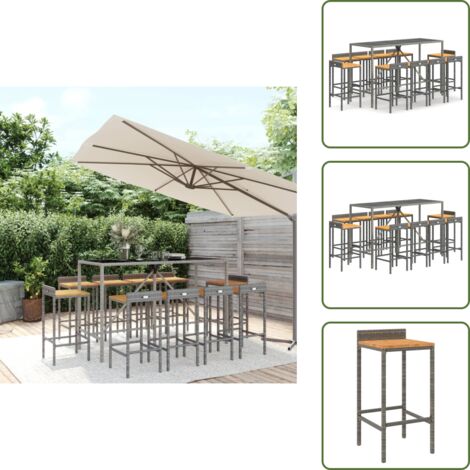 The Living Store Mesa y taburetes altos jardín 11 pzas madera y ratán PE gris - Taburete alto