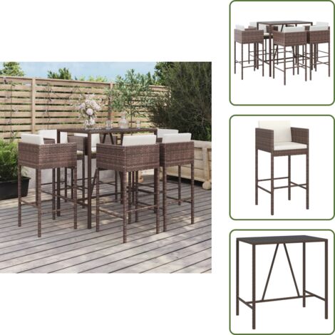 The Living Store Mesa y taburetes altos jardín 7 pzas y cojines ratán PE marrón - Taburete de bar