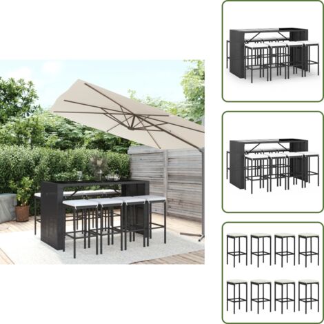 The Living Store Mesa y taburetes altos jardín 9 piezas y cojines ratán PE negro - Taburete de bar
