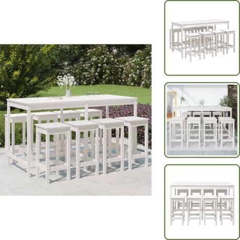 The Living Store Mesa y taburetes altos jardín 9 pzas madera maciza pino blanco - Sillas de jardín