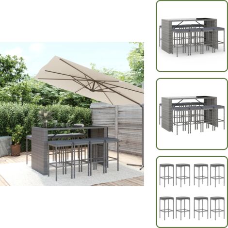 The Living Store Mesa y taburetes altos jardín 9 pzas y cojines ratán PE gris - Taburete de bar