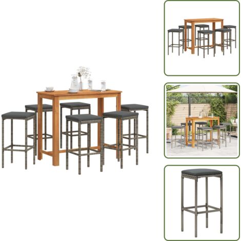 The Living Store Mesa y taburetes de jardín 7 pzas madera acacia ratán PE gris - Taburetes de jardín