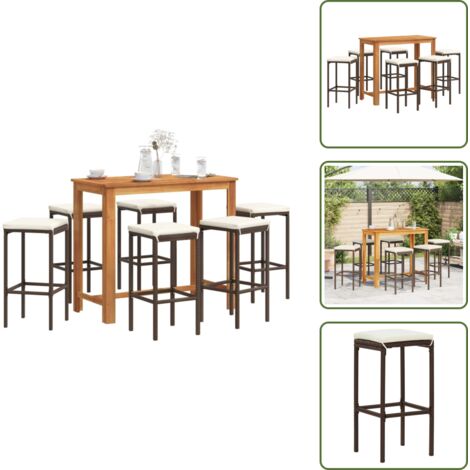 The Living Store Mesa y taburetes de jardín 7 pzas madera acacia ratán PE marrón - Taburetes de jardín