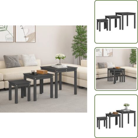 The Living Store Mesas apilables 3 piezas madera maciza de pino gris - Mesas de pino