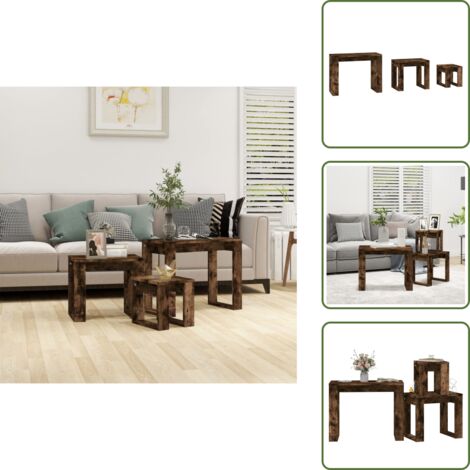 The Living Store Mesas apilables 3 pzas madera contrachapada color roble ahumado - Mesas de madera contrachapada