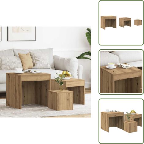 The Living Store Mesas apilables 3 pzas madera contrachapada color roble artisan - Mesas de madera contrachapada