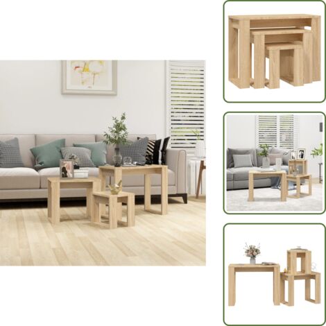 The Living Store Mesas apilables 3 pzas madera contrachapada color roble Sonoma - Mesas de madera