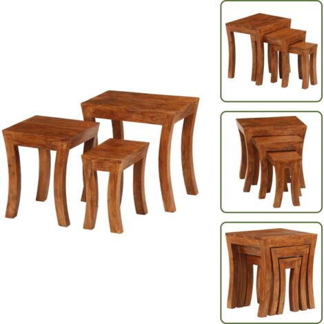 The Living Store Mesas apilables 3 pzas madera maciza acacia marrón 50x35x50 cm - Madera maciza