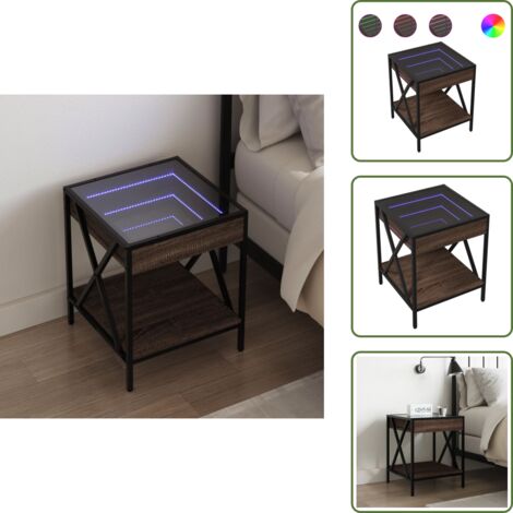 The Living Store Mesita de noche con Infinity LED marrón roble 40x40x49 cm - Espejo LED