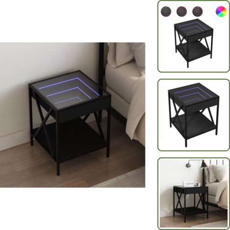 The Living Store Mesita de noche con Infinity LED negra 40x40x49 cm - Espejo LED