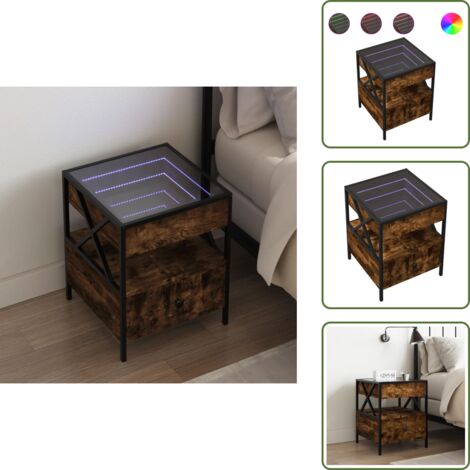 The Living Store Mesita de noche con Infinity LED roble ahumado 40x40x51 cm - Espejo LED