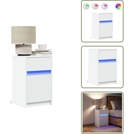 The Living Store Mesita de noche con luces LED madera de ingeniería blanca - Luz led