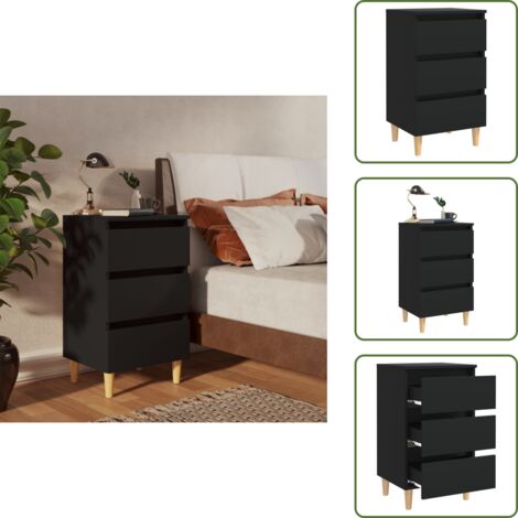 The Living Store Mesita de noche con patas de madera maciza negro 40x35x69 cm - Mesita de noche de madera