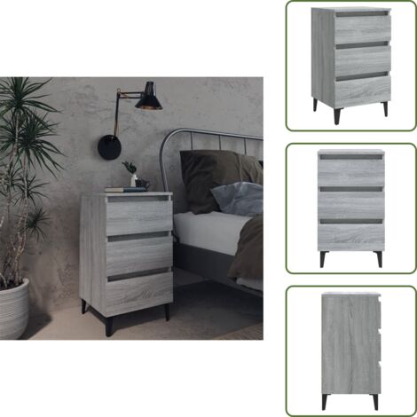 The Living Store Mesita de noche con patas de metal gris Sonoma 40x35x69 cm - Mesita de noche con cajones