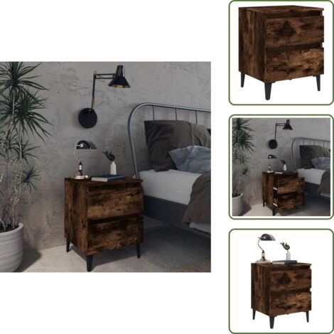 The Living Store Mesita de noche con patas de metal roble ahumado 40x35x50 cm - Mesita de noche con cajones