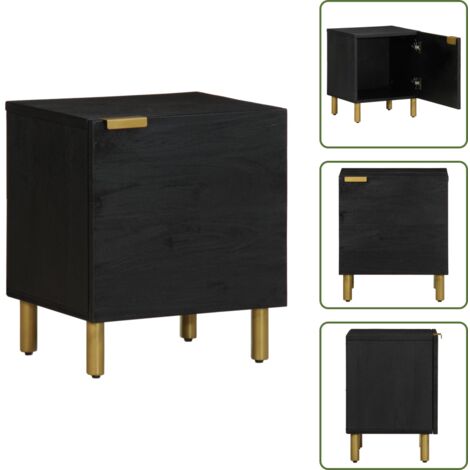 The Living Store Mesita de noche de madera maciza de mango negra 40x33x46 cm - Mesita de noche de madera