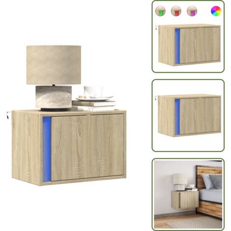 The Living Store Mesita de noche de pared con luces LED roble Sonoma - Luz led