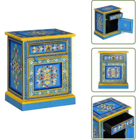 The Living Store Mesita de noche madera maciza de mango turquesa pintada a mano - Mesita de noche de madera